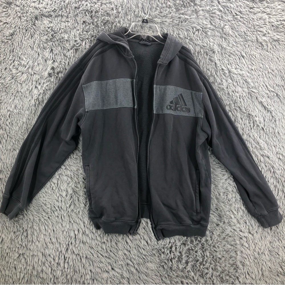 Adidas Jacket Mens XL Gray Jacket Hood Logo 3 Stripe Athletic Workout